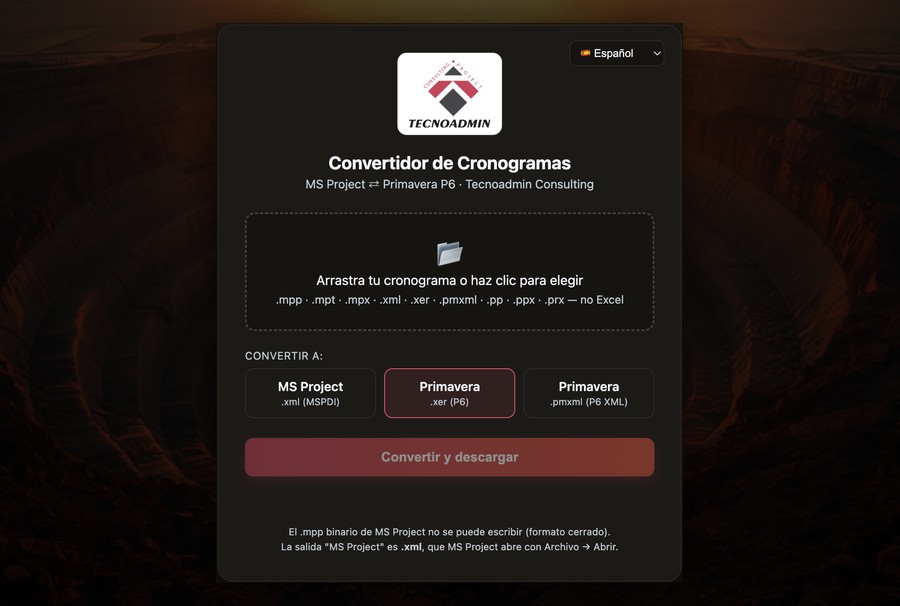 Pantalla de El Conversor: convertidor de cronogramas MS Project ⇄ Primavera P6
