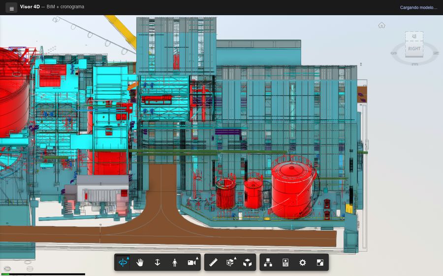 Pantalla del Visor 4D: modelo BIM de planta industrial clasificado por sistemas